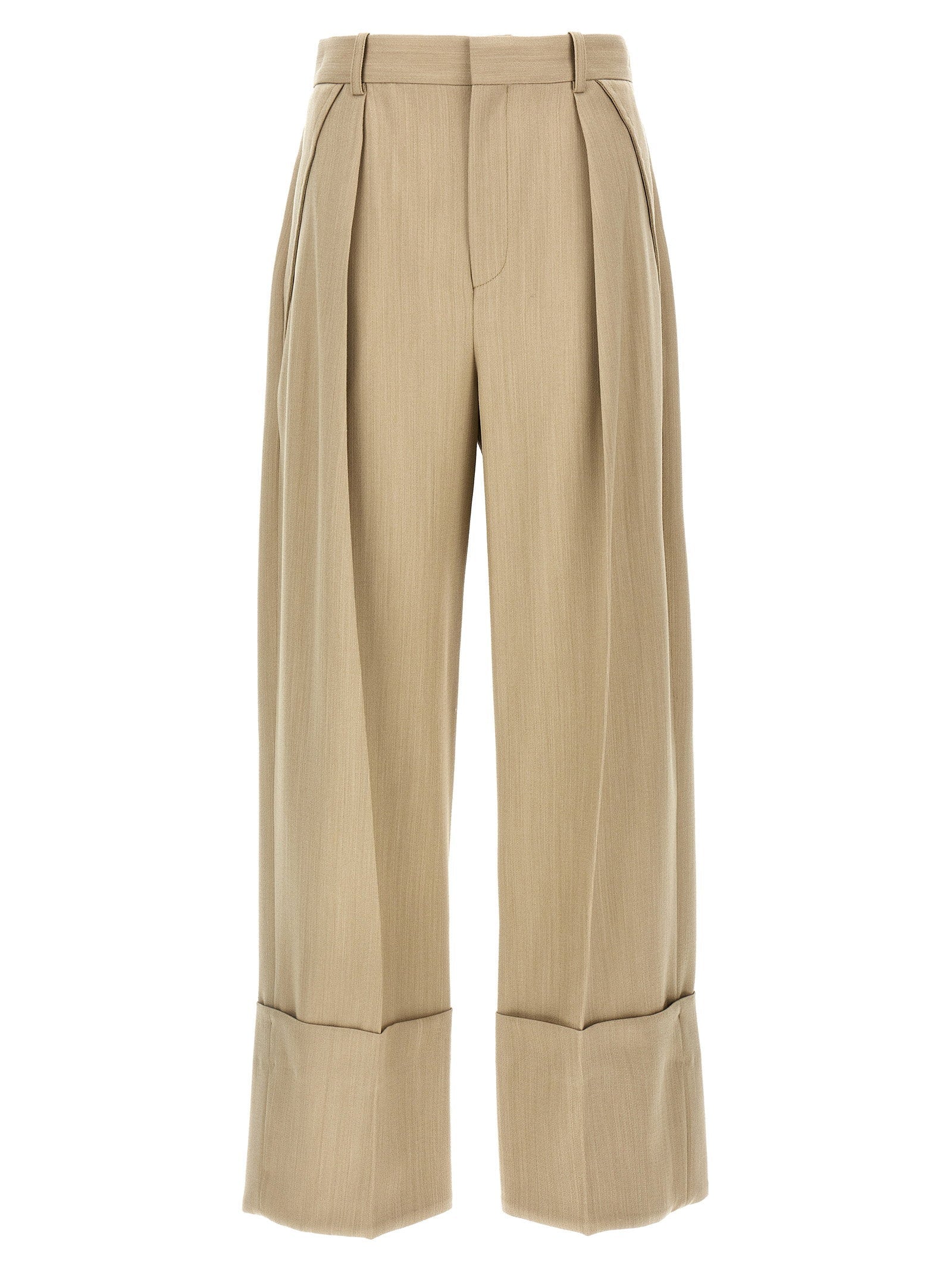 Victoria Beckham High-Waisted Wide-Leg Wool Trousers — Beige