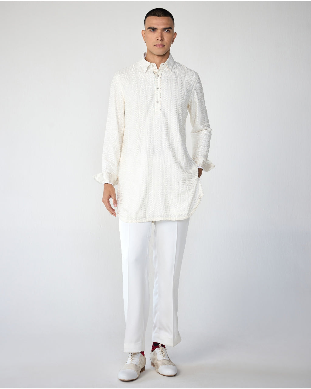 White Square Henley Shirt Kurta By KYNAH, Luxury Indian Fashion & Bridal Wear