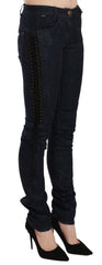 Women's Blue Low Waist Skinny Trousers Braided String Pants Black Cotton