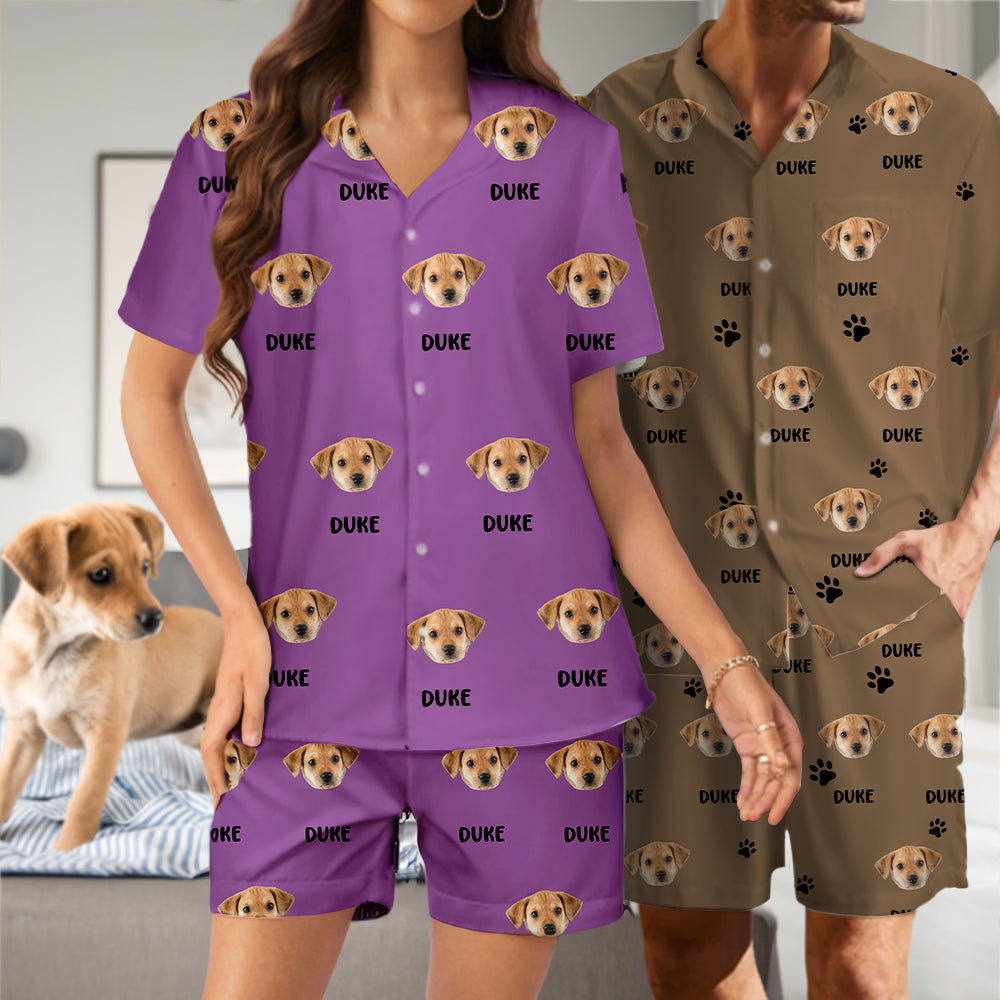 Personalizado Perro Gato Cara Foto Multicolor Pijama Manga Corta Pantalones Cortos a Juego con Nombre Regalo de Cumpleaños para Mujeres Hombres Amantes de las Mascotas