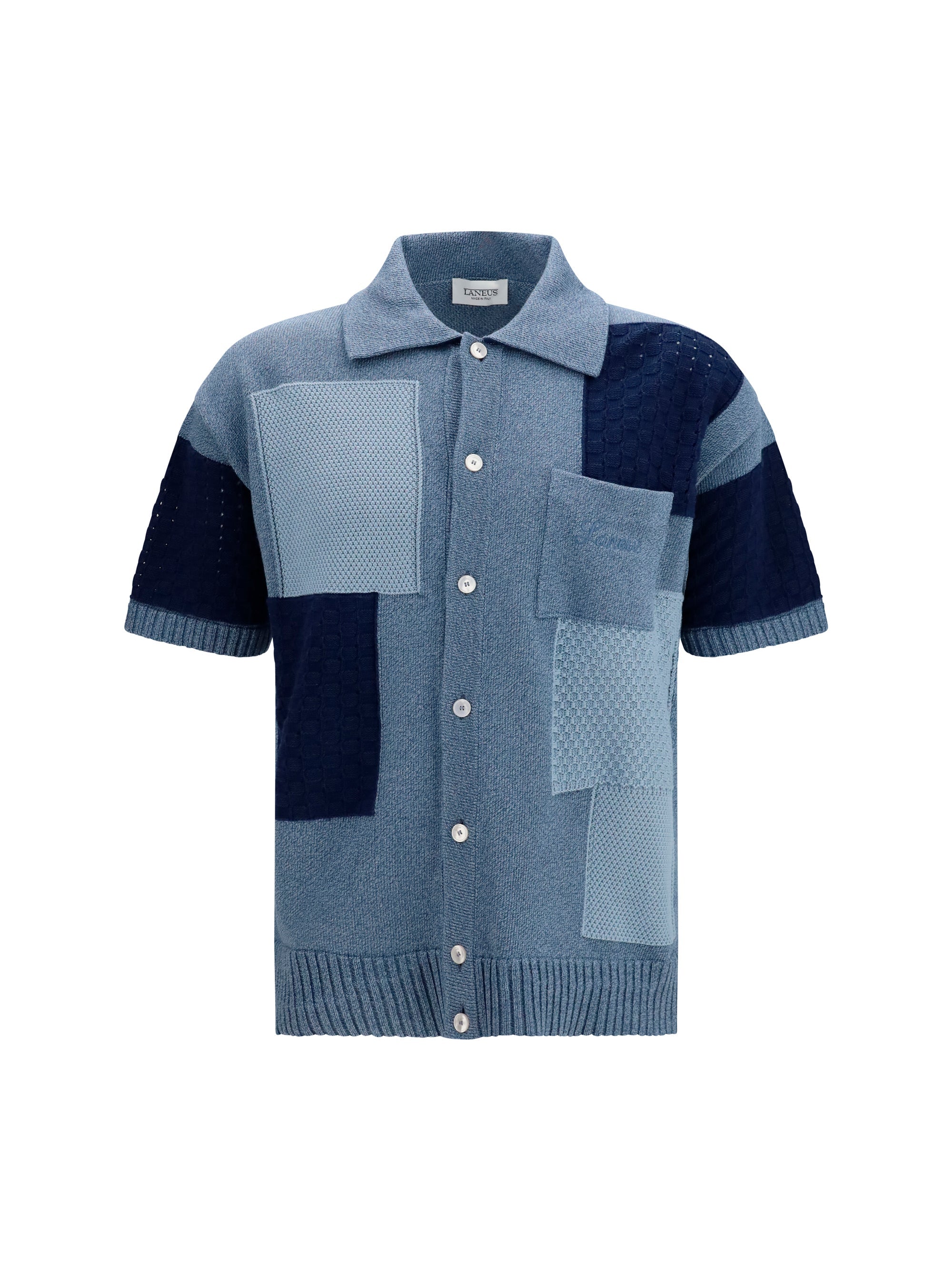 Laneus Patchwork Cotton Cardigan — Blue