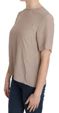 Women's Beige Crew Neck Short Sleeve Blouse Acetate Silk