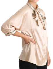 Women's Beige Ribbon Silk Stretch Top Blouse Elastane