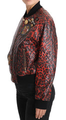 Women's Red Leopard Button Crystal Leather Jacket Lamb Wool Elastane Clothing