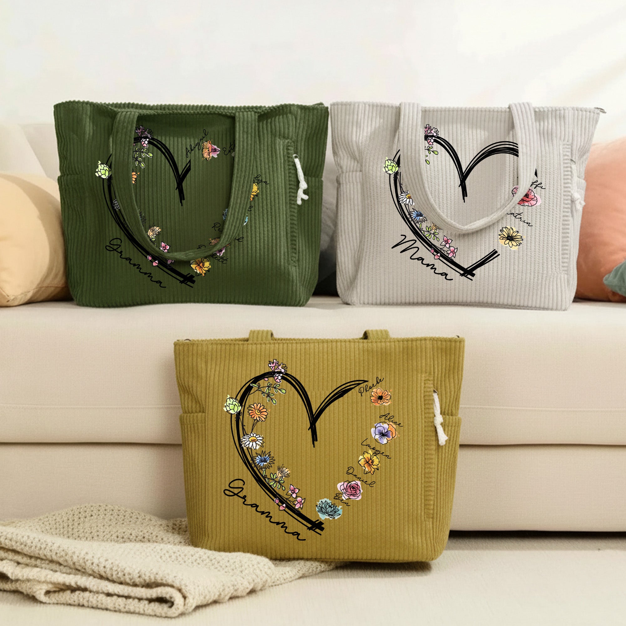 Bolso tote de pana personalizado gran capacidad con flor de nacimiento apodo y nombres regalo de cumpleaños o Día de la Madre para mamá y abuela