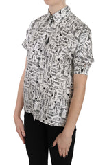 Women's Trumpet Print Button Front Silk Top Blouse White
