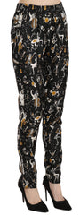 Women's Black Jazz Club Print High Waist Tapered Pants Silk