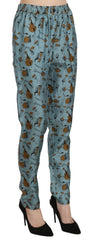 Women's Blue Musical Instruments Print Tapered Pants Silk