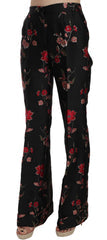 Women's Floral-Embroidered Trousers Black Polyester Silk Nylon