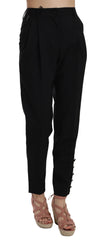 Women's Button Pleated Tapered Trousers Black Virgin Wool Elastane