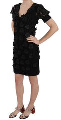 Women's Black Silk Leather Flowers Sheath Dress