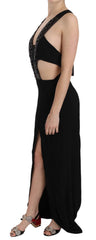 Women's Black Crystal Leather Gown Flare Dress