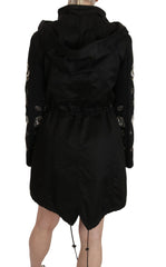 Women's Floral Sequined Beaded Hooded Jacket Coat Black Cotton Clothing