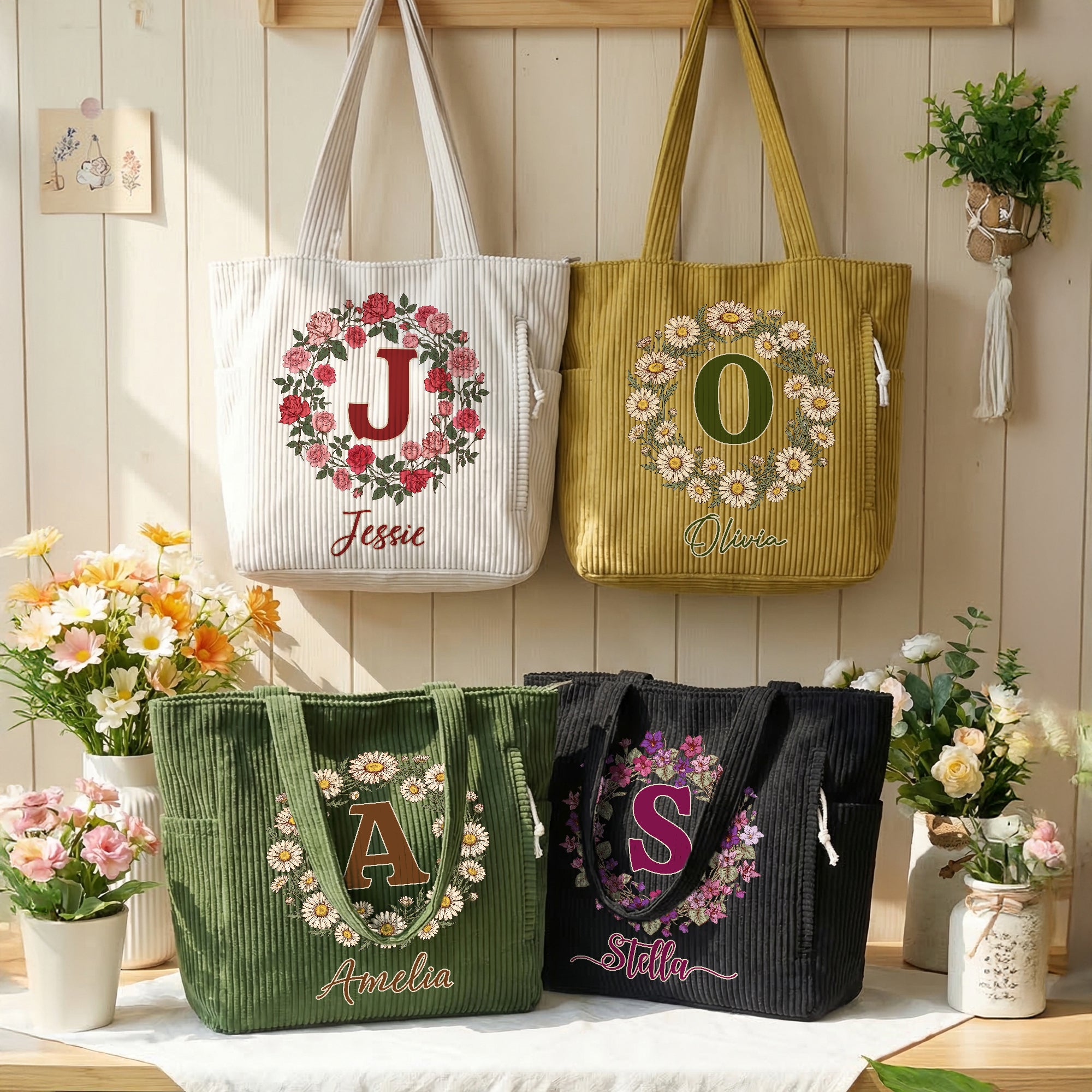 Personalizado Nacimiento Flor Corona Gran Capacidad Bolsa de pana Tote con Nombre Viaje Esencial Cumpleaños Día de la Madre Regalo para Mamá Mujer