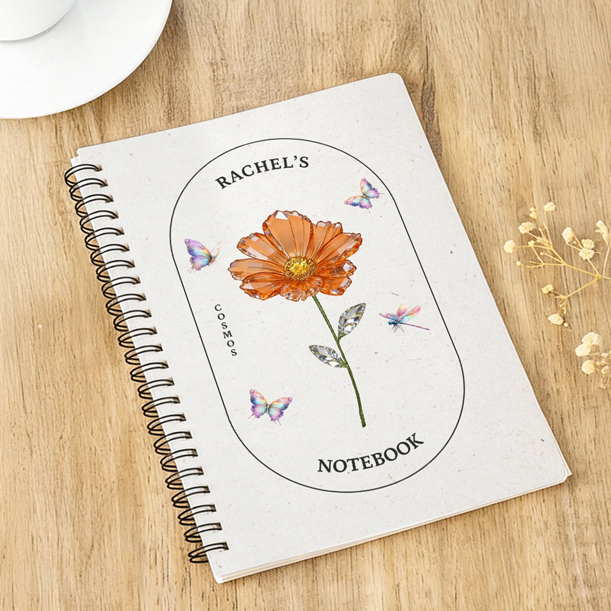 Personalizado Cristal Nacimiento Flor Mariposa Espiral A5 Diario Cuaderno con Nombre y Texto Cumpleaños Regalo para Amigos Colegas