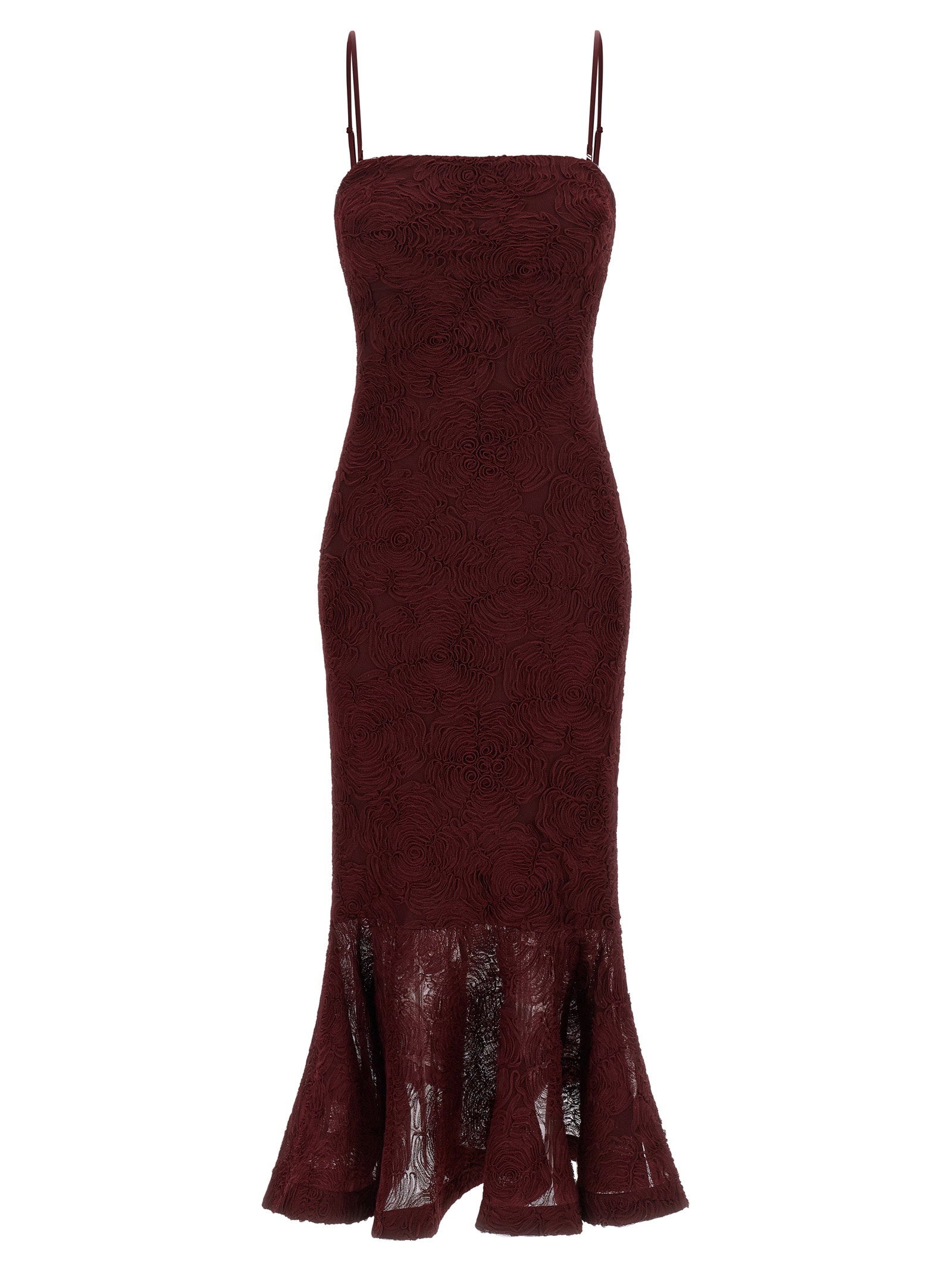 Rotate Birger Christensen Floral Mesh Flounce Dress — Burgundy