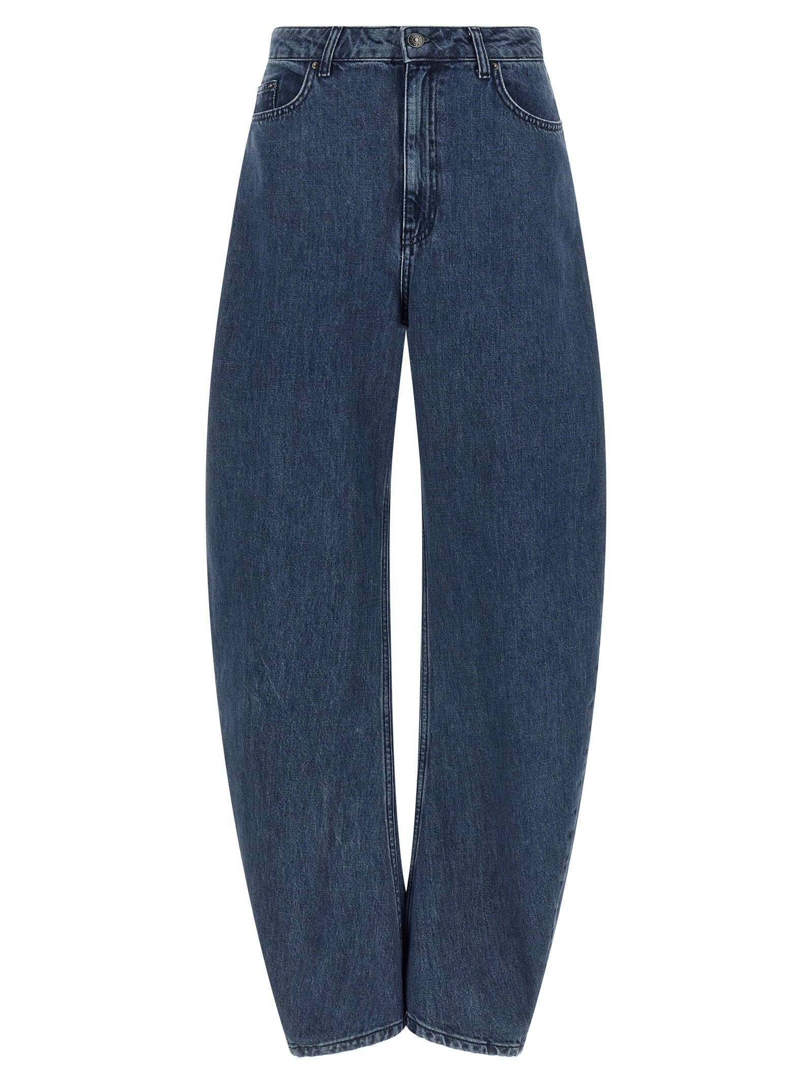 Rotate Birger Christensen Draped Barrel Leg Jeans — Blue