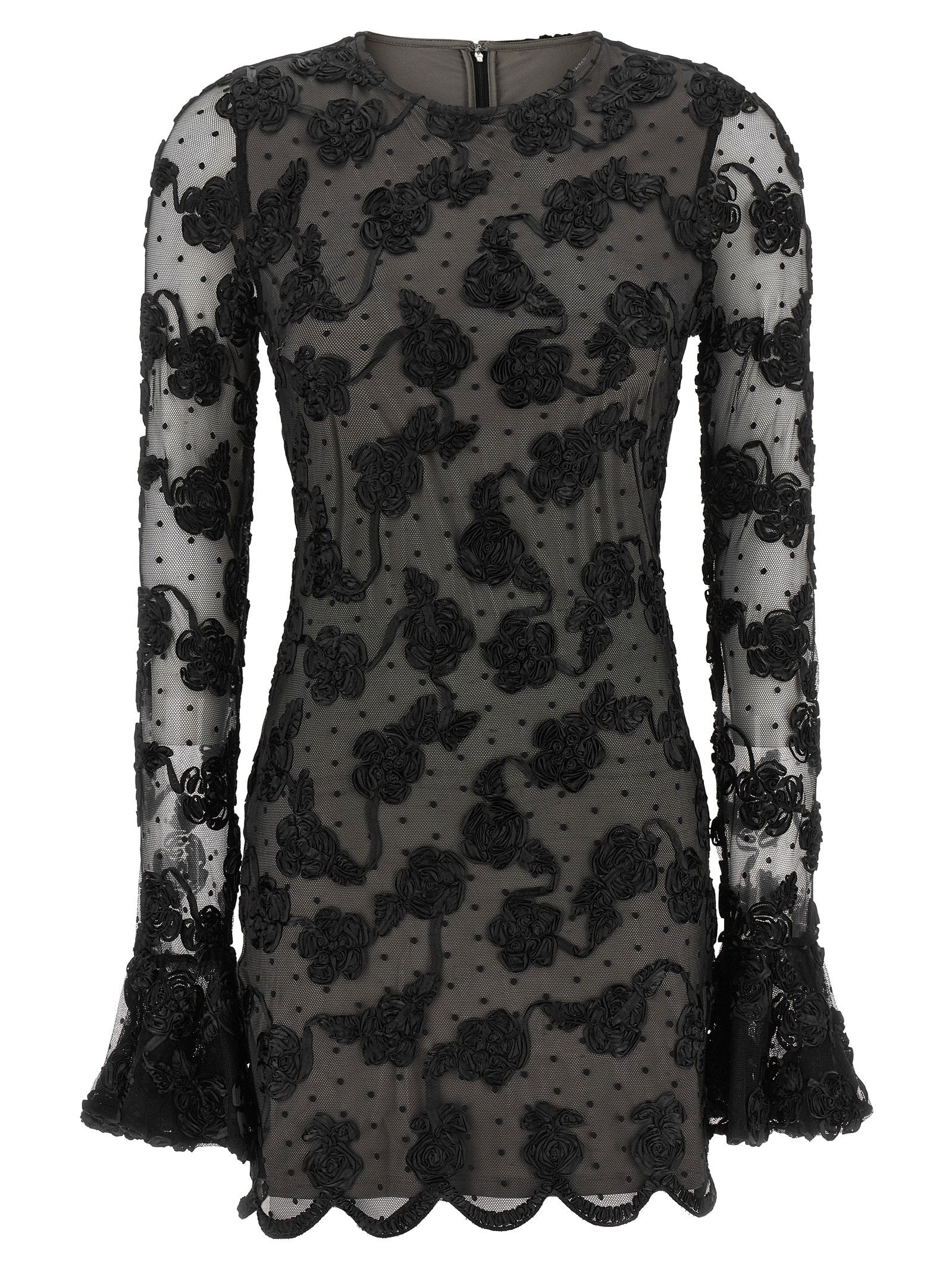 Rotate Birger Christensen 3D Floral Embellished Mesh Dress — Black