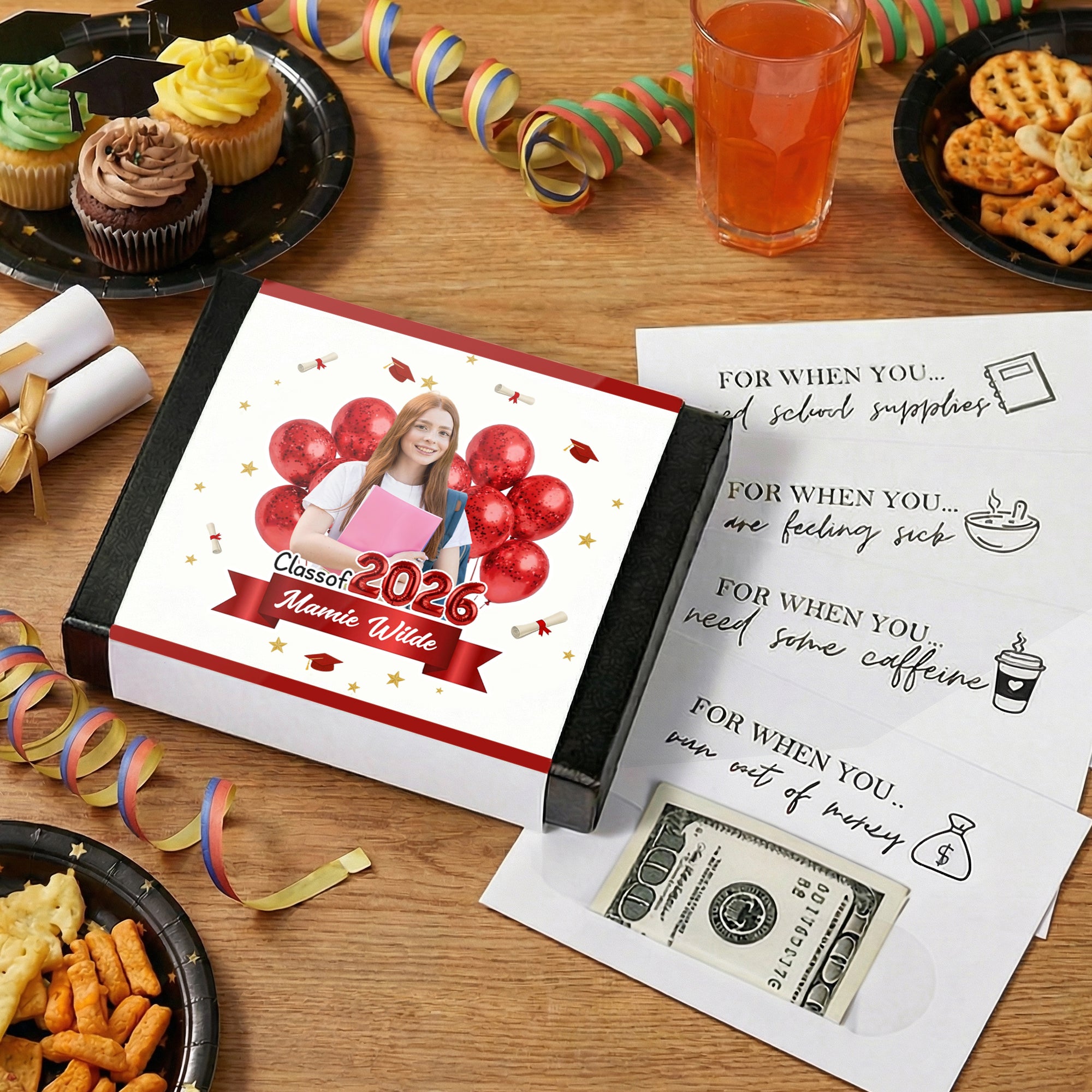 Personalizado Clase de 2026 Globo Foto Tarjeta de Regalo en Efectivo Caja de Supervivencia Paquete de Cuidado Universitario con 20 Tarjetas Regalo de Graduación de la Escuela Secundaria para Estudiant