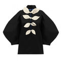 Taffeta Deep V-Neck Blouse With Satin Floral Detail  | Black