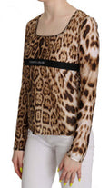 Brown Round Neck Leopard Women Top Blouse Polyamide