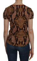 Women's Snake Skin Print Short Sleeve Top T-Shirt Brown Polyamide Elastane