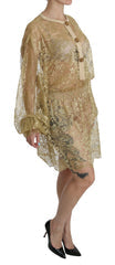 Women's Gold Lace See Through A-Line Knee Length Dress Cotton Nylon Silk