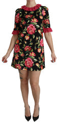 Women's Floral Pink Lace A-Line Shift Mini Dress Black Cotton Elastane