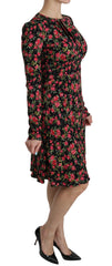 Women's Black Floral Longsleeve Knee Length Dress Viscose
