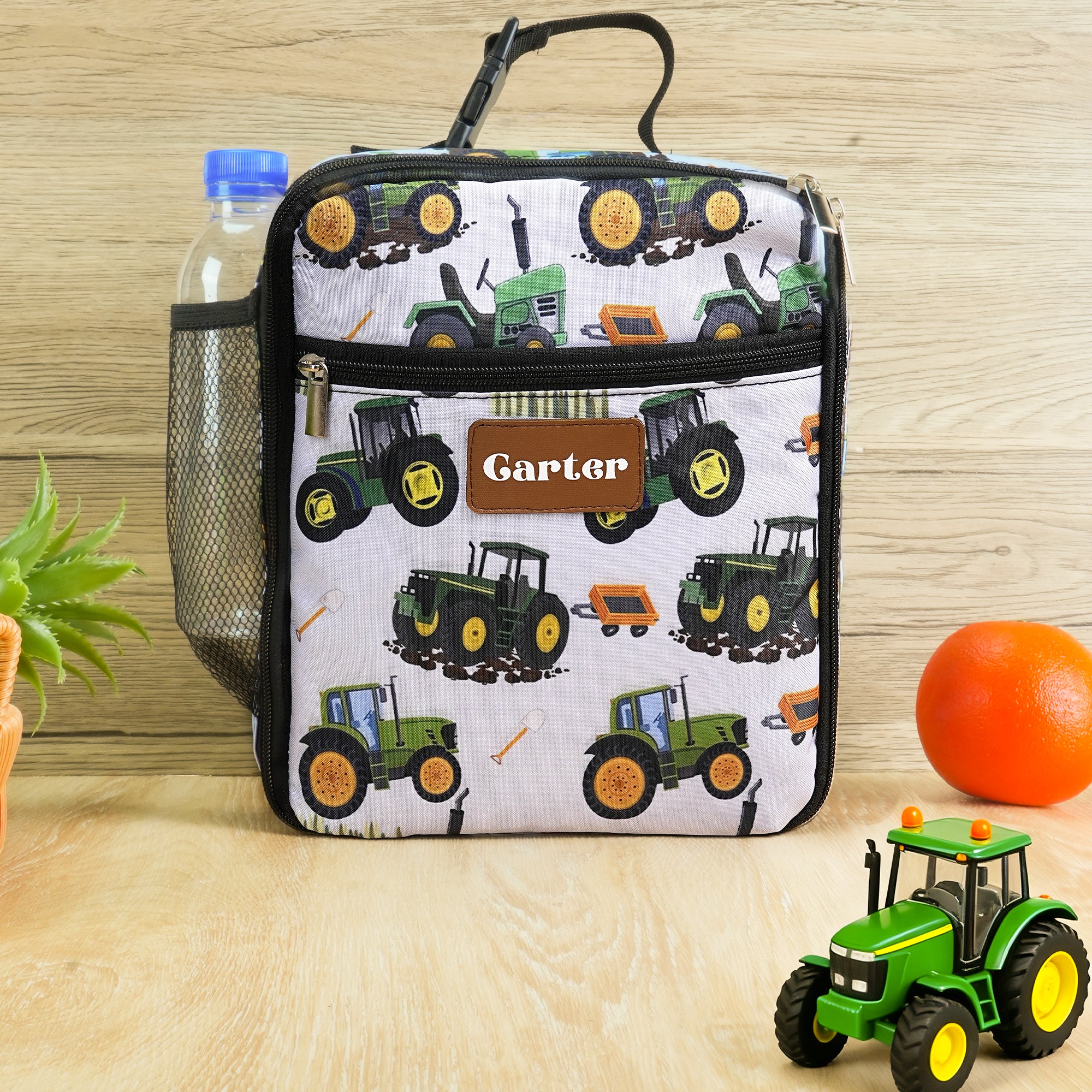 Bolsa de almuerzo para niños con nombre personalizada con estampado de tractor verde Regalo de cumpleaños de vuelta al cole para niños Niñas