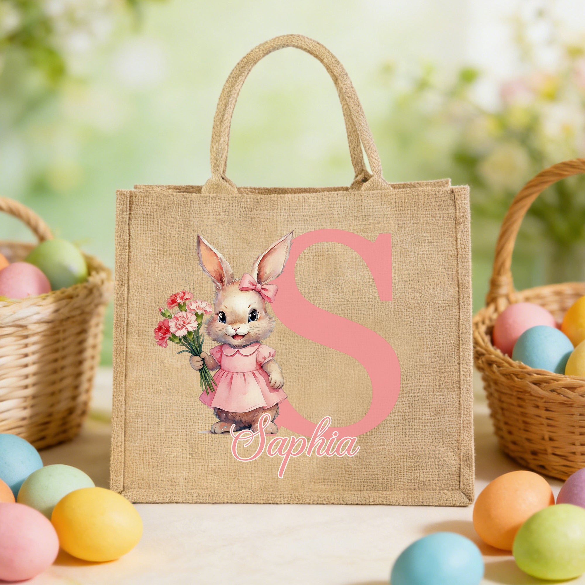 Conejito de Pascua personalizado Flor de nacimiento Bolsa de yute con nombre e inicial Fiesta de caza del huevo Regalo de Pascua para niños Niñas