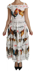 Women's White Rooster Sheath Midi Cotton Dress