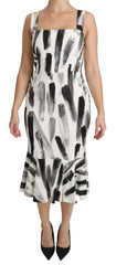 Women's White Black Printed Sheath Midi Viscose Dress Elastane