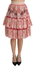 Women's Pink Lace Layered High Waist Knee Length Skirt Nylon Cotton