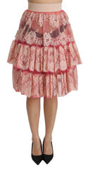 Women's Pink Lace Layered High Waist Knee Length Skirt Nylon Cotton