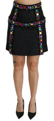 Women's Black Crystal Embellished High Waist Skirt Polyester Silk Acrylic
