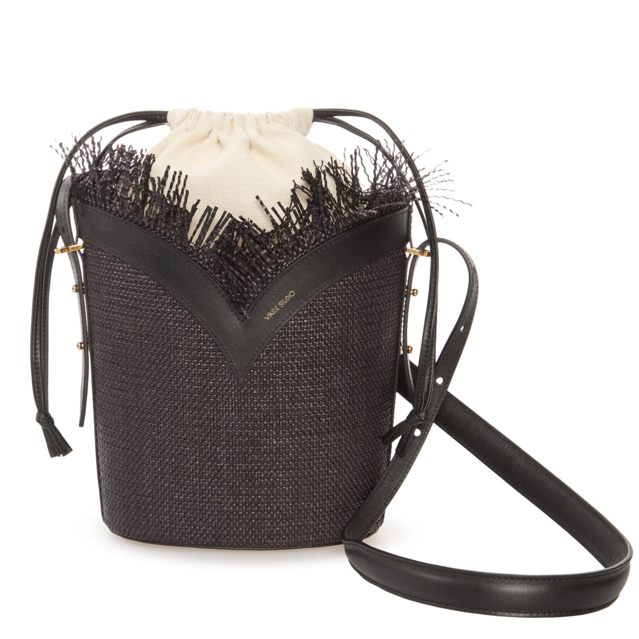 Black Woven Large Bucket Bag with Leather Trim