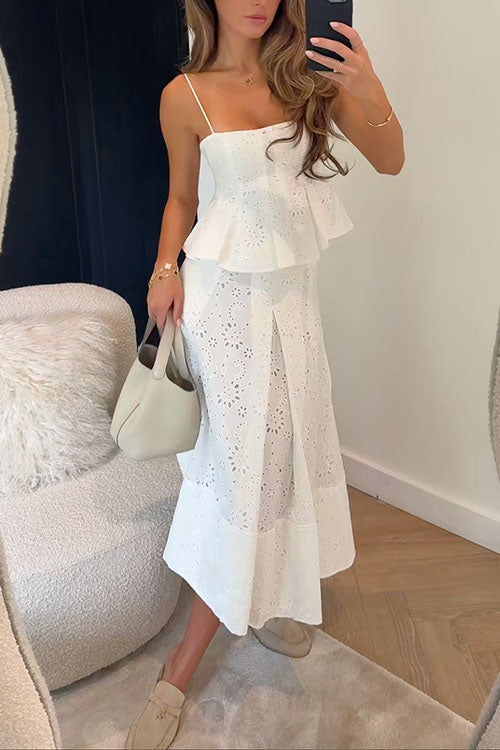 Lace Hollow Out Ruffle Cami Top and A-line Midi Skirt Set