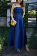 Spaghetti Strap Waisted A-line Satin Maxi Dress