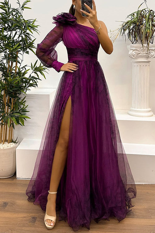 One Shoulder Long Sleeve High Waist Printed Mesh Slit Maxi Dress