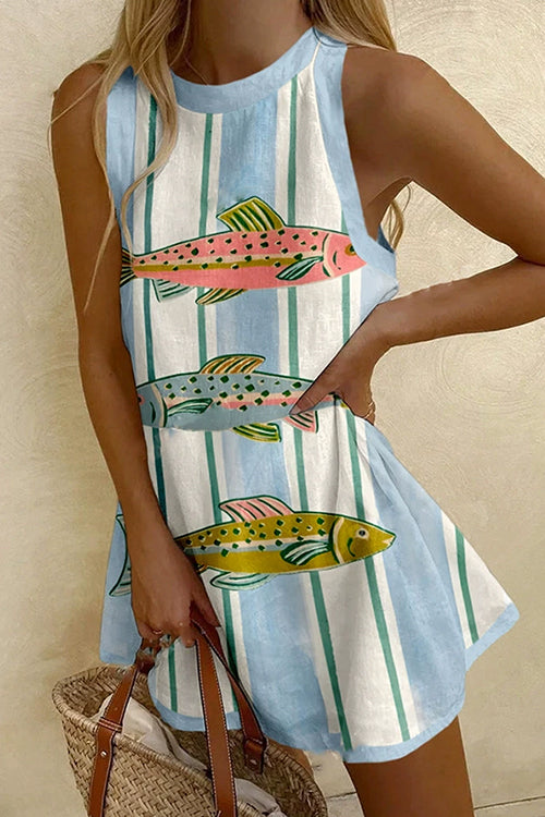 Sleeveless Fish Print Striped Casual Mini Dress