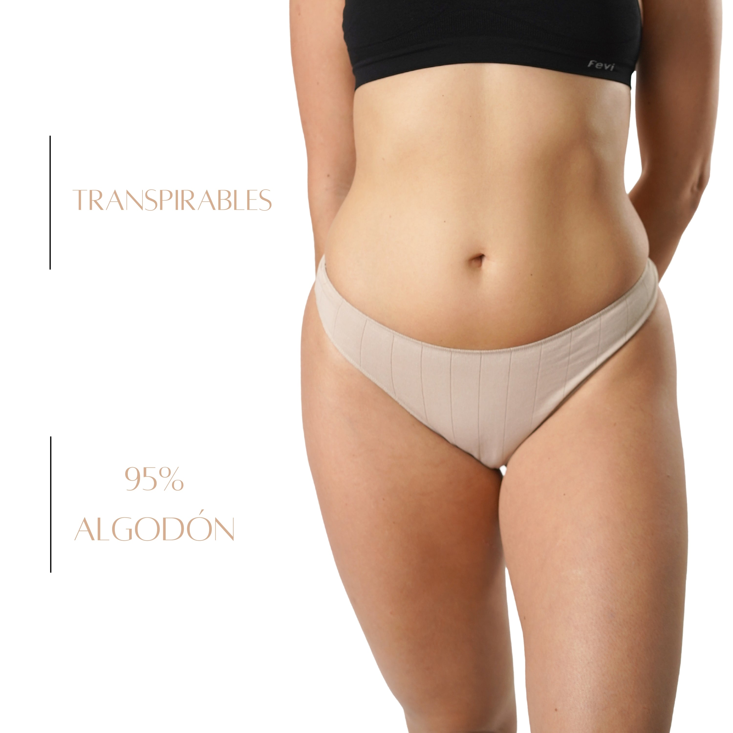 FEVI | Pack de 6 Tangas | 95% Algodón | Suaves y Transpirables | en 1 o 3 Colores: Negro, Beige, Blanco