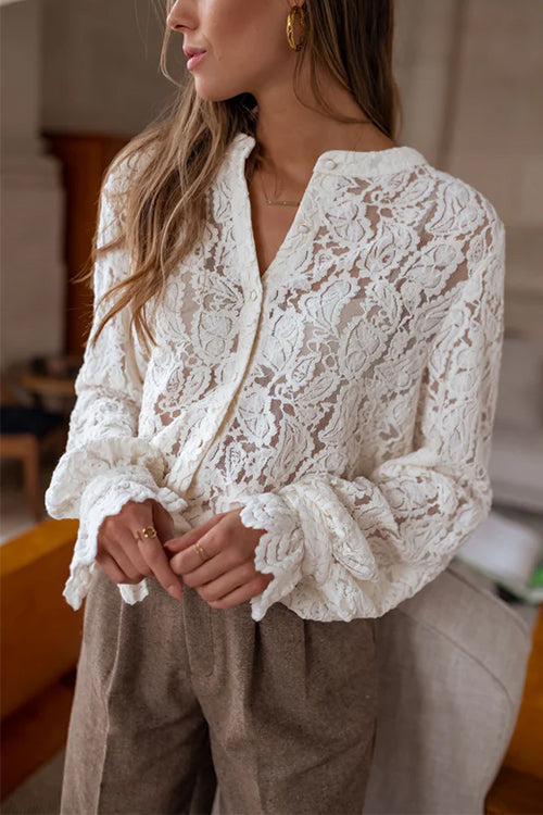 Ruffle Long Sleeves Button Up Lace Shirt