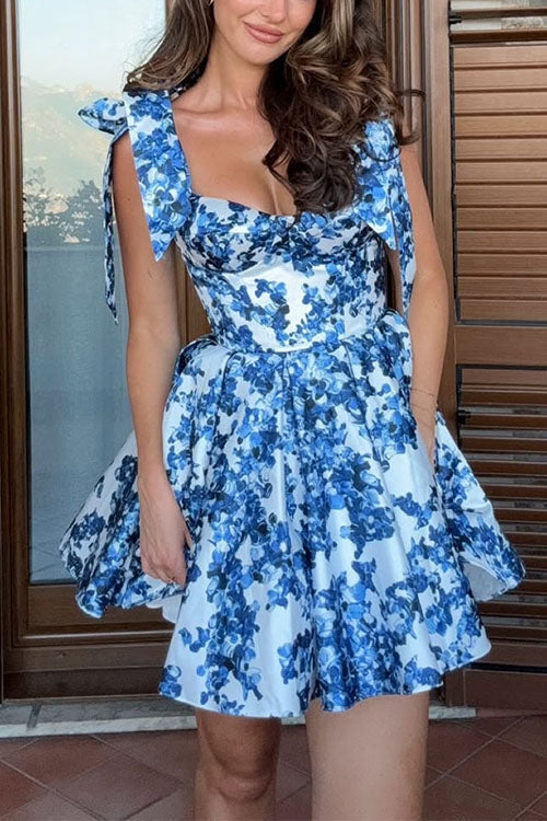 Bow Shoulder Floral Print A-line Mini Cami Dress