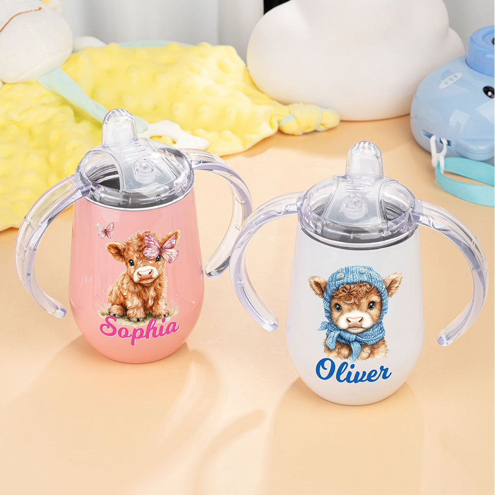 Vaso para sorber con nombre, con tapa y asa, personalizado y aislado, de 10 onzas, de la simpática vaca de las Highlands Regalo de Baby Shower para niños pequeños