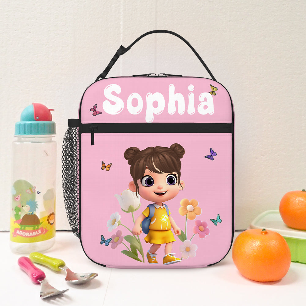 Personalizado lindo 3D Cartoon Flower Multicolor personaje portátil aislante bolsa de almuerzo con el nombre de vuelta a la escuela Cumpleaños Regalo para Niños Niñas