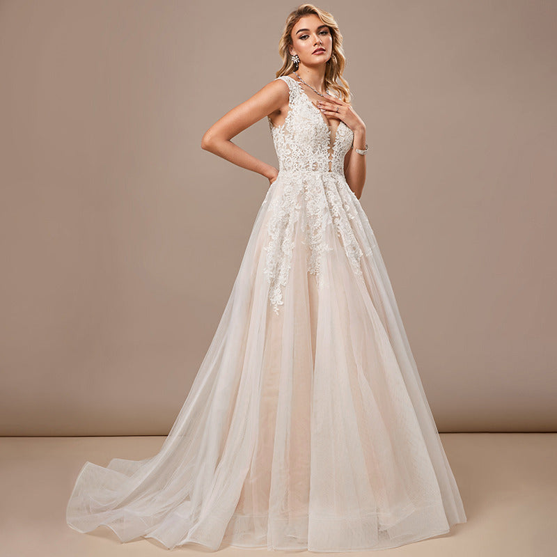 Bridal Wedding Dress Ivory-Nude Sleeveless Long V-Neck Ball-Gown Princess