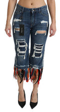 Women's Blue Feathers Low Waist Cropped Cotton Jeans Silk Elastane Clothing