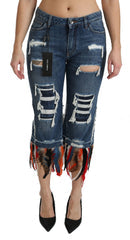 Women's Blue Feathers Low Waist Cropped Cotton Jeans Silk Elastane Clothing