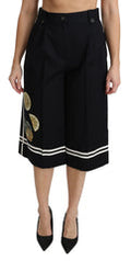 Women's Black Lemon Embellished Palazzo Cropped Pants Cotton Elastane